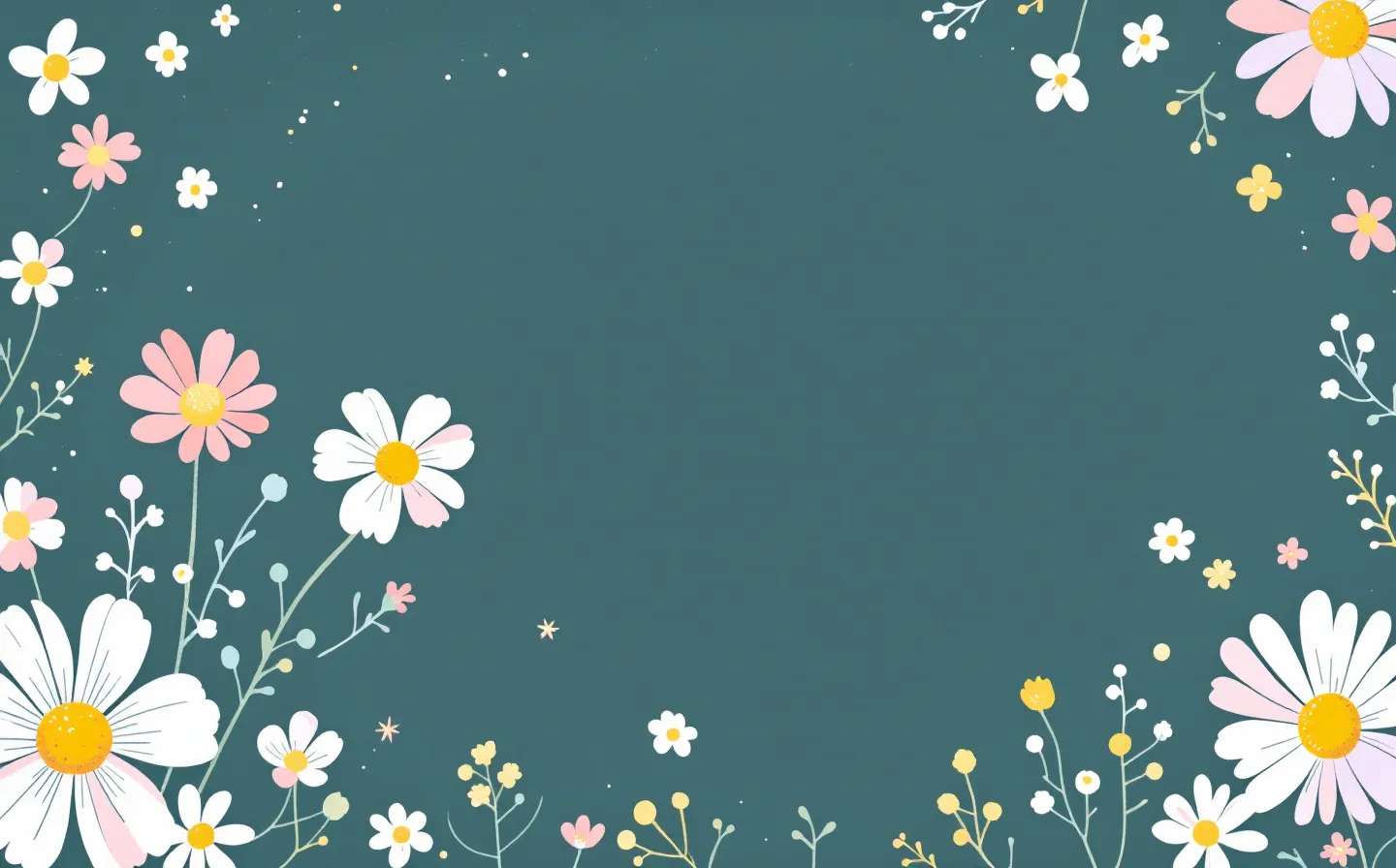 A Daisy Days hand-drawn doodle of two friendly abstract peptide daisy-emblems side by side — a large long-stemmed daisy in pastel pink and a small short daisy in lavender — with daisy sparkles and a chunky pastel offset shadow, on a deep cool twilight-slate notebook ground